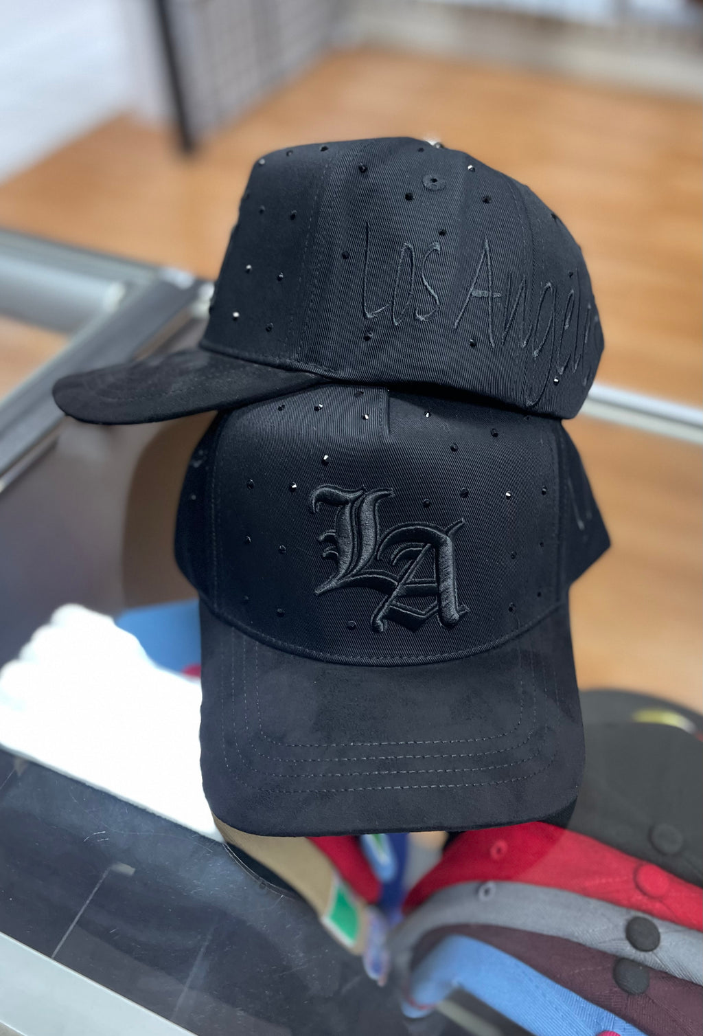 All black LA crystals la office hats