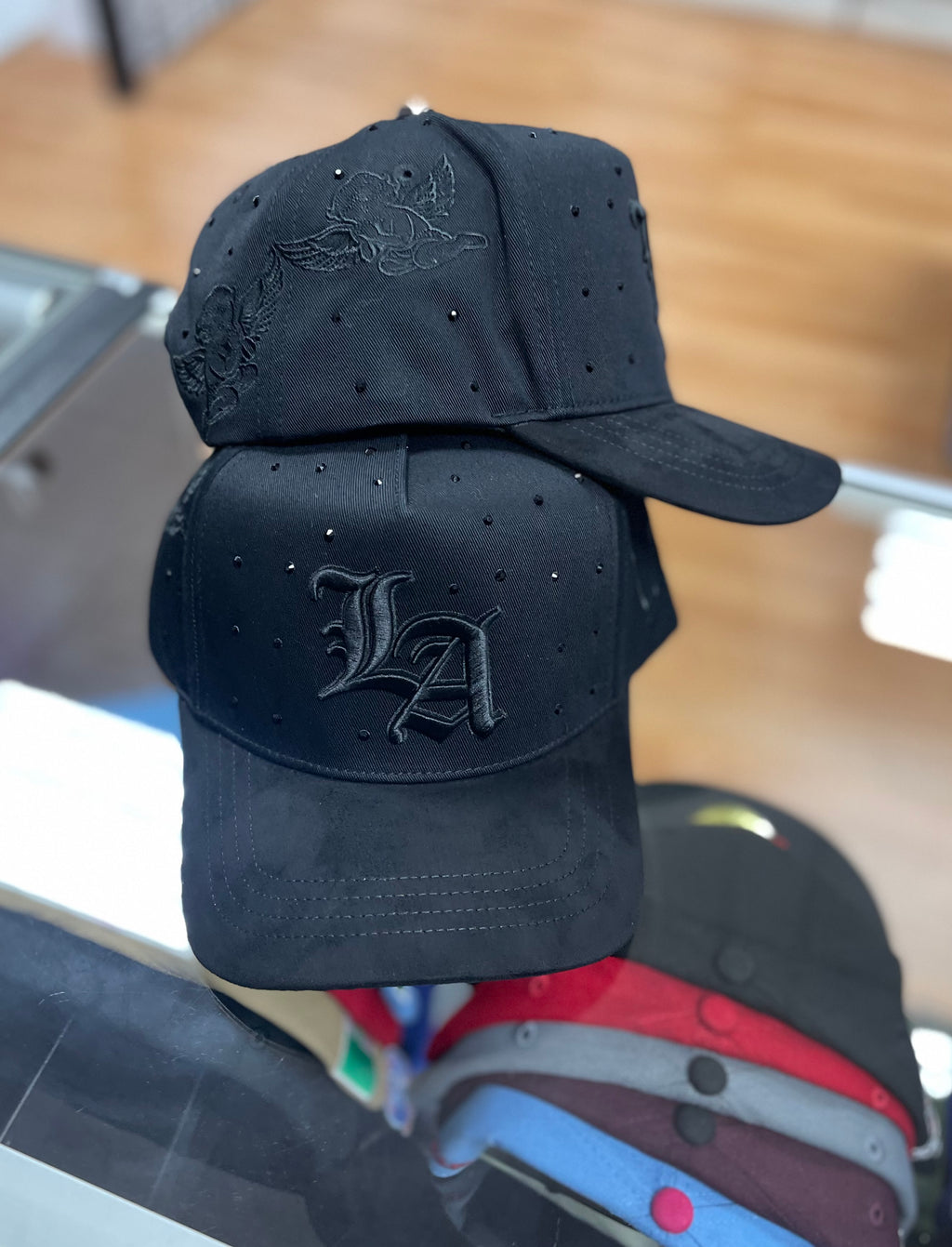 All black LA crystals la office hats